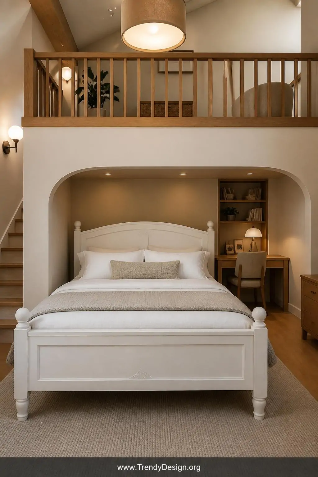 Medium photorealistic interior design shot of a solid white wooden full-size bed frame with simple carved details centered ag
