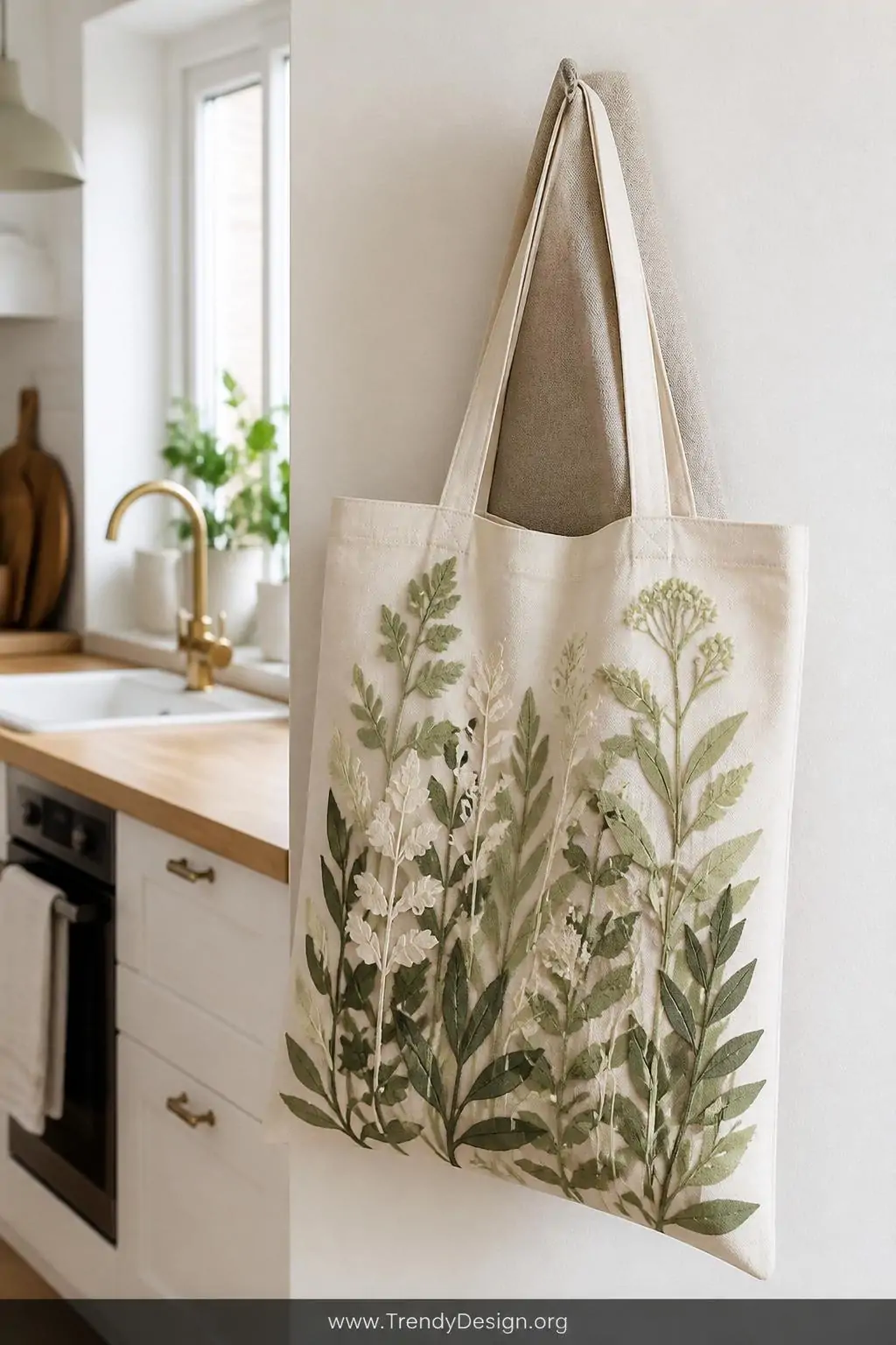 Natural canvas tote bag covered in layered sage green and olive botanical vinyl leaves and wildflower silhouettes hanging from a linen hook in a bright Scandinavian kitchen, soft diffused daylight, closeup shot showcasing the intricate hand-painted depth of stacked vinyl layers.
