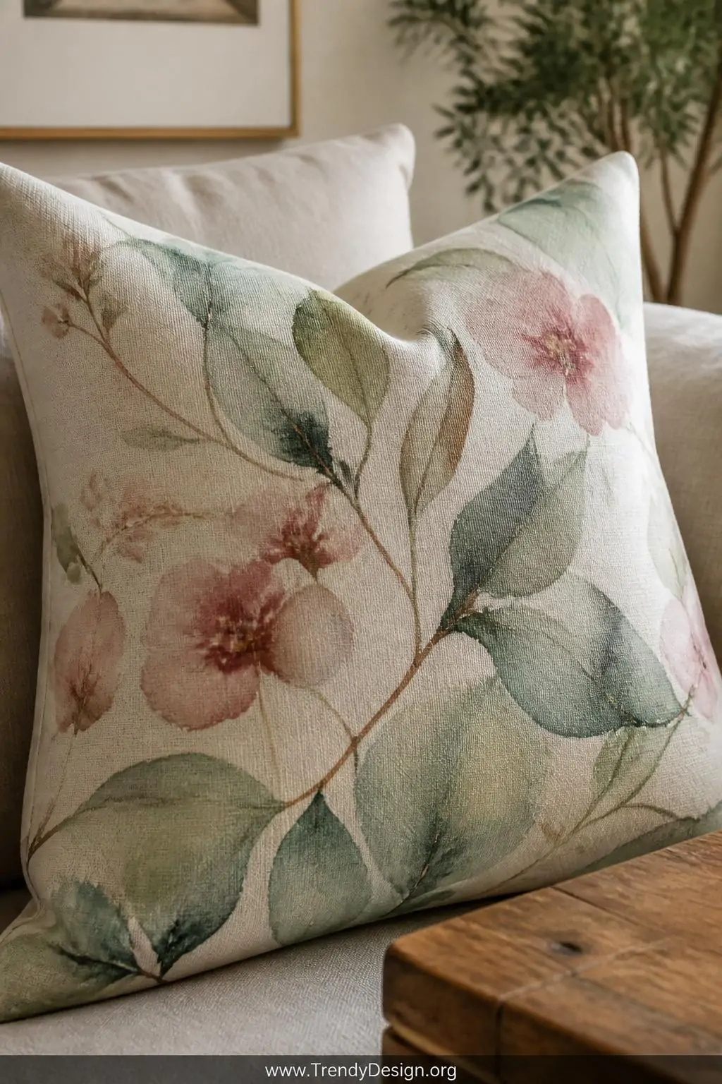 Watercolor botanical pillow in sage green and dusty rose with flowing painted leaves and delicate flowers resting against a neutral linen sofa, closeup shot capturing soft gradient ink washes and subtle fabric texture, rustic reclaimed wood side table edge visible, warm diffused afternoon light enhancing the dreamy color blooms.