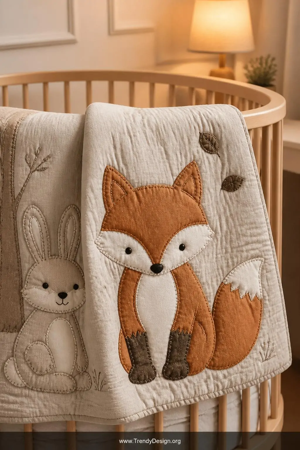Animal appliqué baby quilt draped over a round crib rail, warm nursery lamp glow, closeup of woodland fox and bunny shapes iron-fused onto soft oatmeal linen fabric with tight zigzag stitching around edges and tiny embroidered black eyes catching the light.