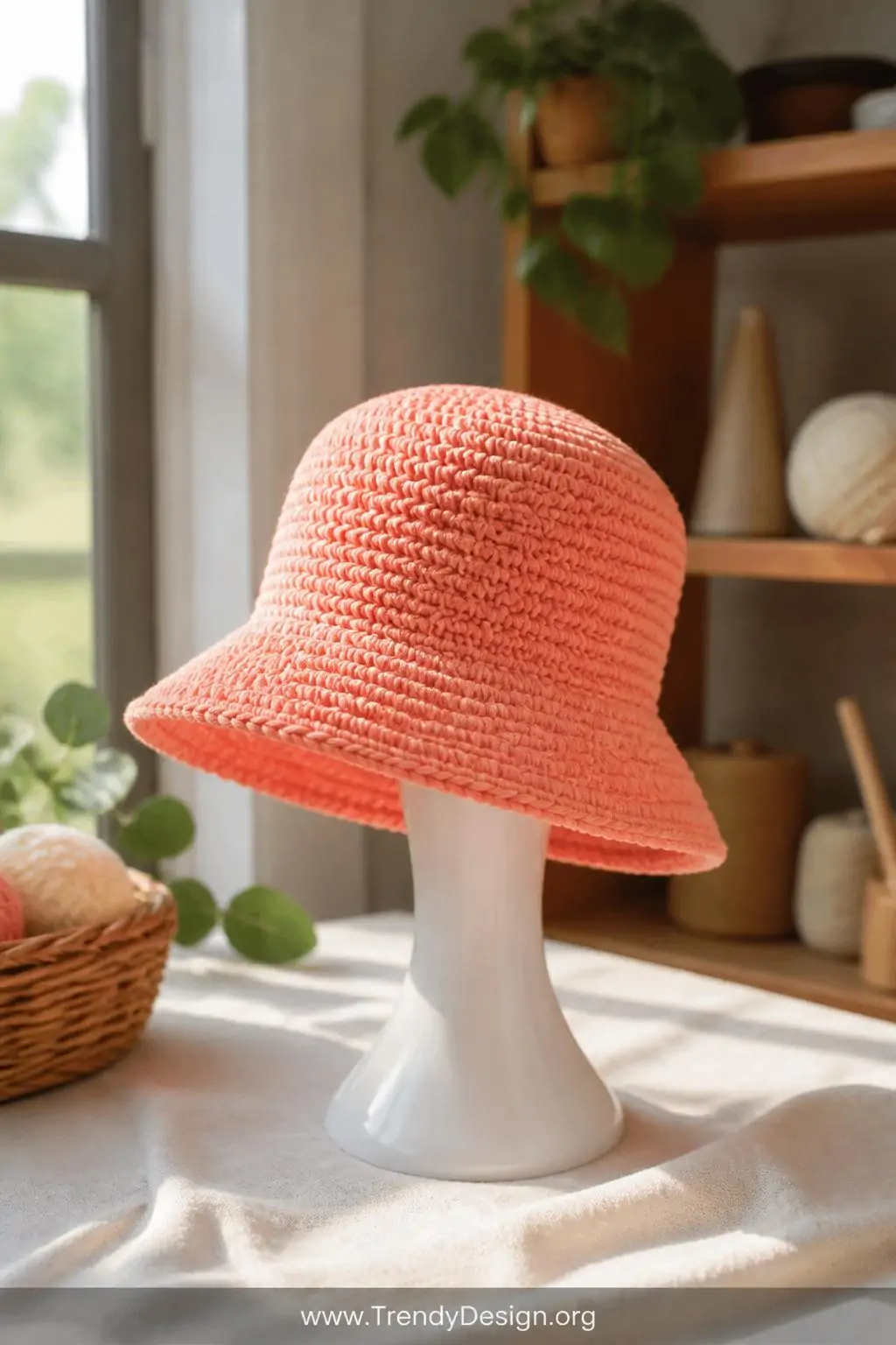 Peachy-coral crocheted bucket hat displayed on a white ceramic hat stand atop a linen-draped craft table, bright natural window light streaming across the cotton yarn texture, medium shot showing the wide brim and structured round crown.