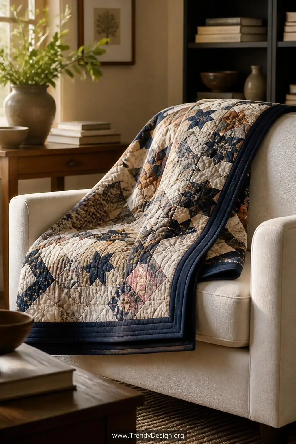 Double-fold French binding in a rich navy linen sewn with perfectly mitered corners on a heirloom patchwork quilt draped over a cream linen armchair in a cozy living room, warm golden afternoon light, medium shot highlighting the polished layered edge and tailored tailored professional finish.