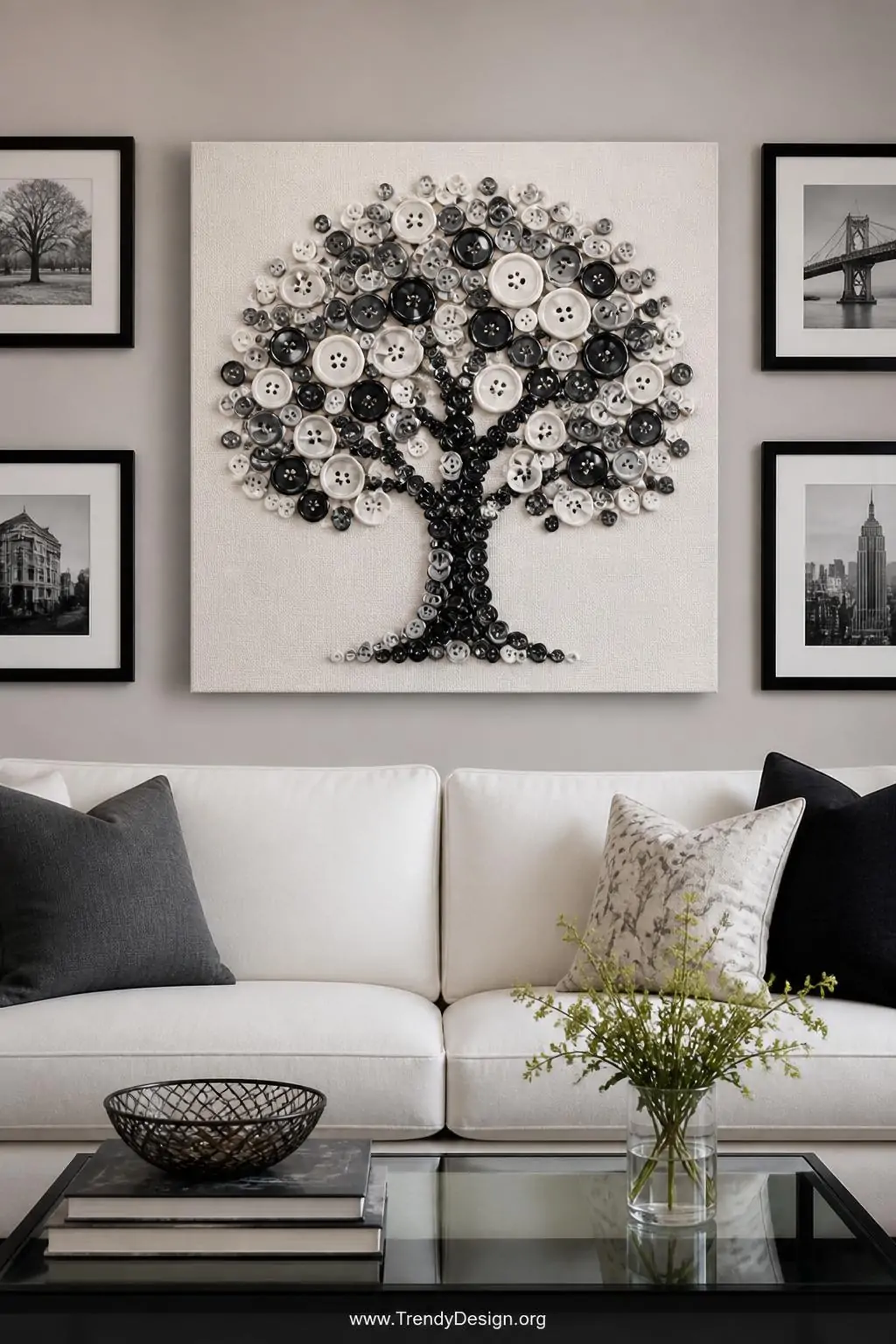 Canvas wall art above a white upholstered sofa displaying a tree silhouette formed entirely from mixed matte and glossy buttons in a two-tone charcoal and ivory palette, gallery wall setting with soft ambient lighting, medium shot showing full canvas in context with surrounding frames.