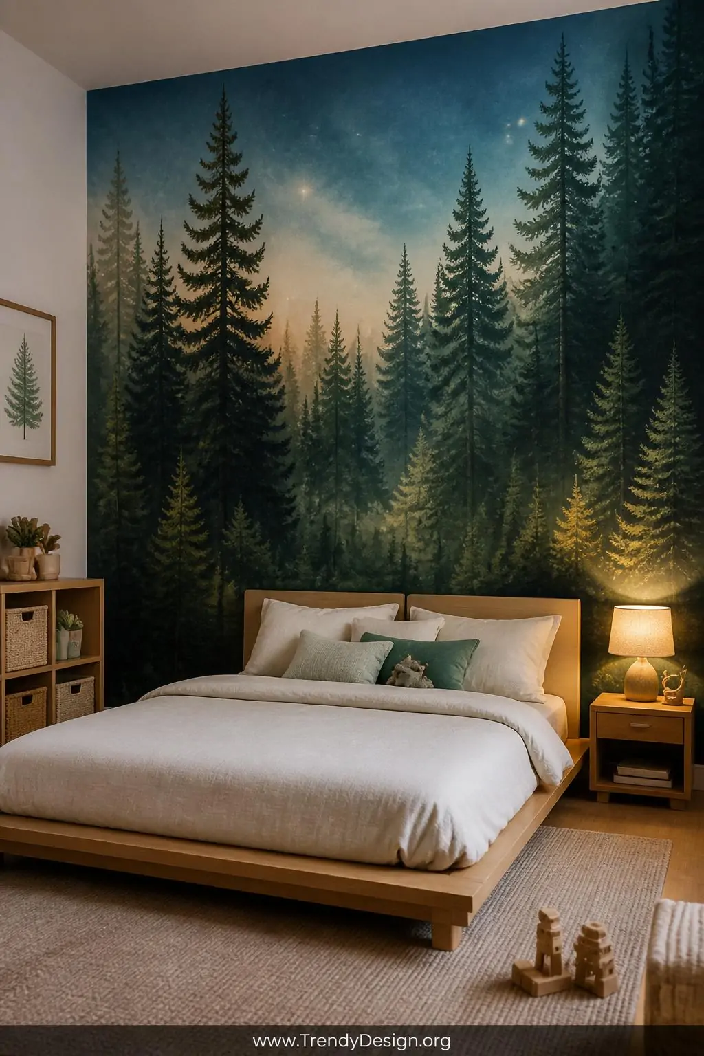 Medium photorealistic interior shot of a child's bedroom accent wall completely covered in a lush peel-and-stick forest mural