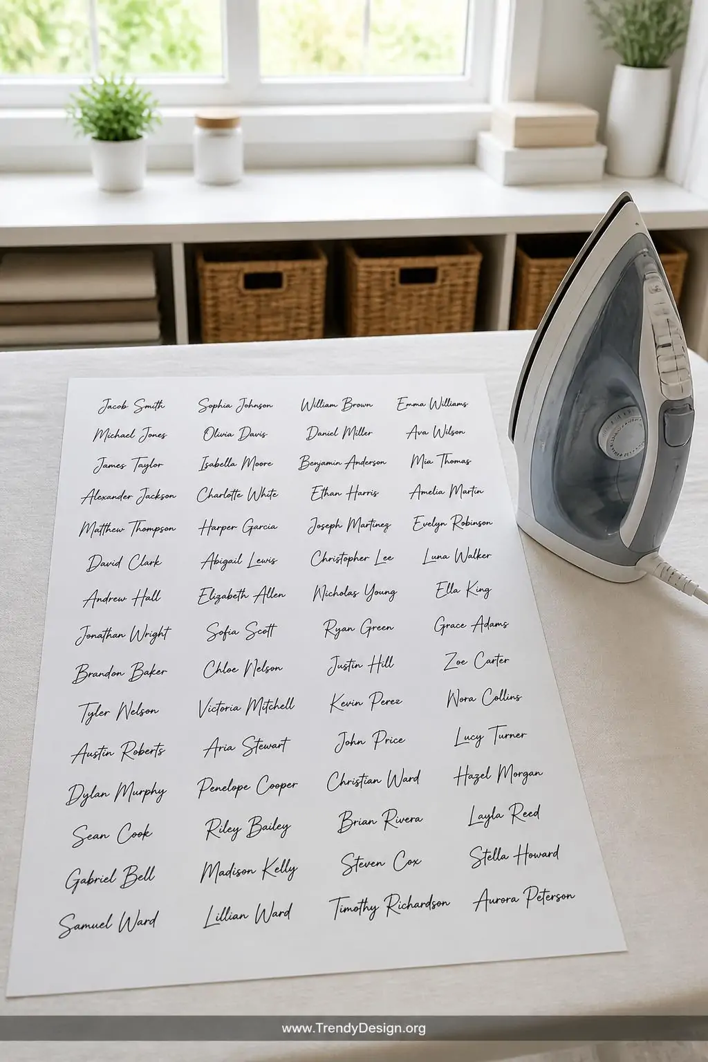 Printed iron-on transfer sheet with rows of handwritten signatures in varied cursive styles lying flat beside a steam iron on a white cotton pressing surface in a bright craft room, cool daylight from a wide window overhead, medium shot revealing the polished grid layout of digitally compiled names on matte transfer paper