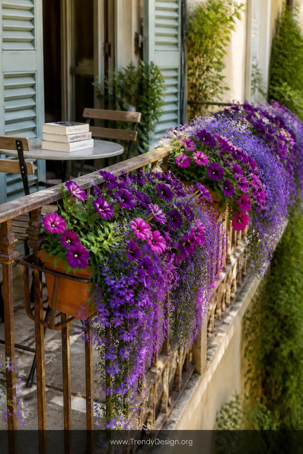 Railing-mounted planter boxes overflowing with cascading petunias and lobelia in magenta and violet along a narrow balcony edge, medium shot, French cottage style — rust-tinted iron railing clips securing terracotta-toned containers, a petite bistro table and stacked paperbacks visible behind, soft midday sunlight catching the trailing blooms, photorealistic interior design.