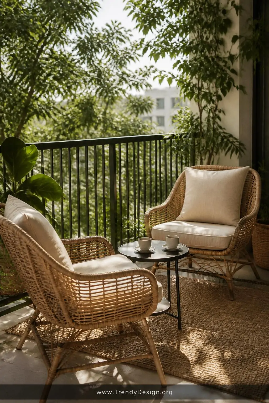 Two natural wicker lounge chairs angled at 45 degrees toward each other with a small round black bistro side table between them holding two espresso cups, soft sand-toned cushions, dappled morning light filtering through lush greenery, medium shot of an intimate balcony conversation nook, photorealistic coastal boho style.