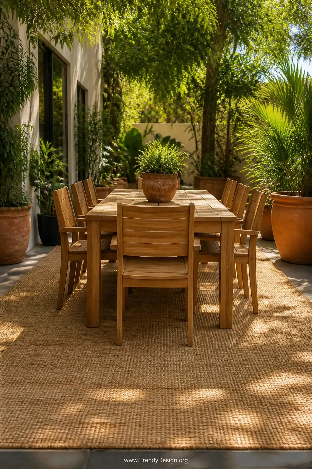 Jute-look polypropylene outdoor rug in warm sand and camel tones beneath a teak dining table and chairs, medium shot, surrounded by terracotta planters overflowing with tropical greenery, dappled golden afternoon light filtering through overhead leaves onto the earthy woven texture.