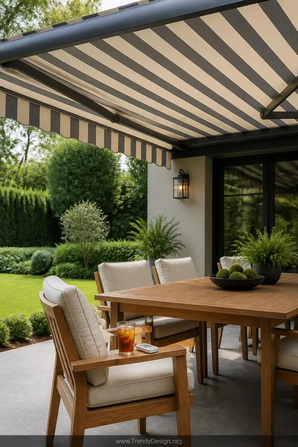 Cream and slate-striped retractable motorized awning extended over a teak outdoor dining table set with linen cushioned chairs on a brushed concrete patio, medium shot capturing the clean folded fabric edge and remote control resting on the armrest beside a sweating glass of iced tea, bright midday diffused shade, photorealistic interior design.