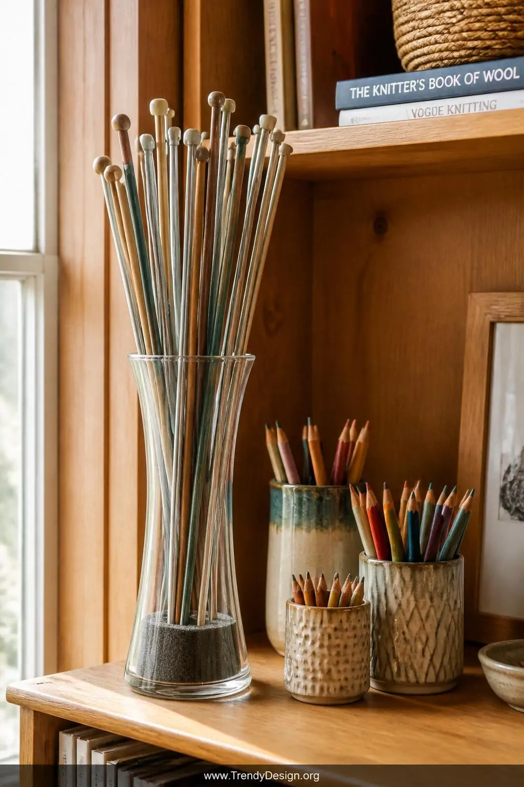 Tall clear glass thrift-store vase holding upright straight knitting needles like a bouquet on a wooden bookshelf craft corner, natural daylight, foam-padded base visible, coordinating ceramic pencil cups grouped nearby by size, warm honey-toned wood background, medium shot