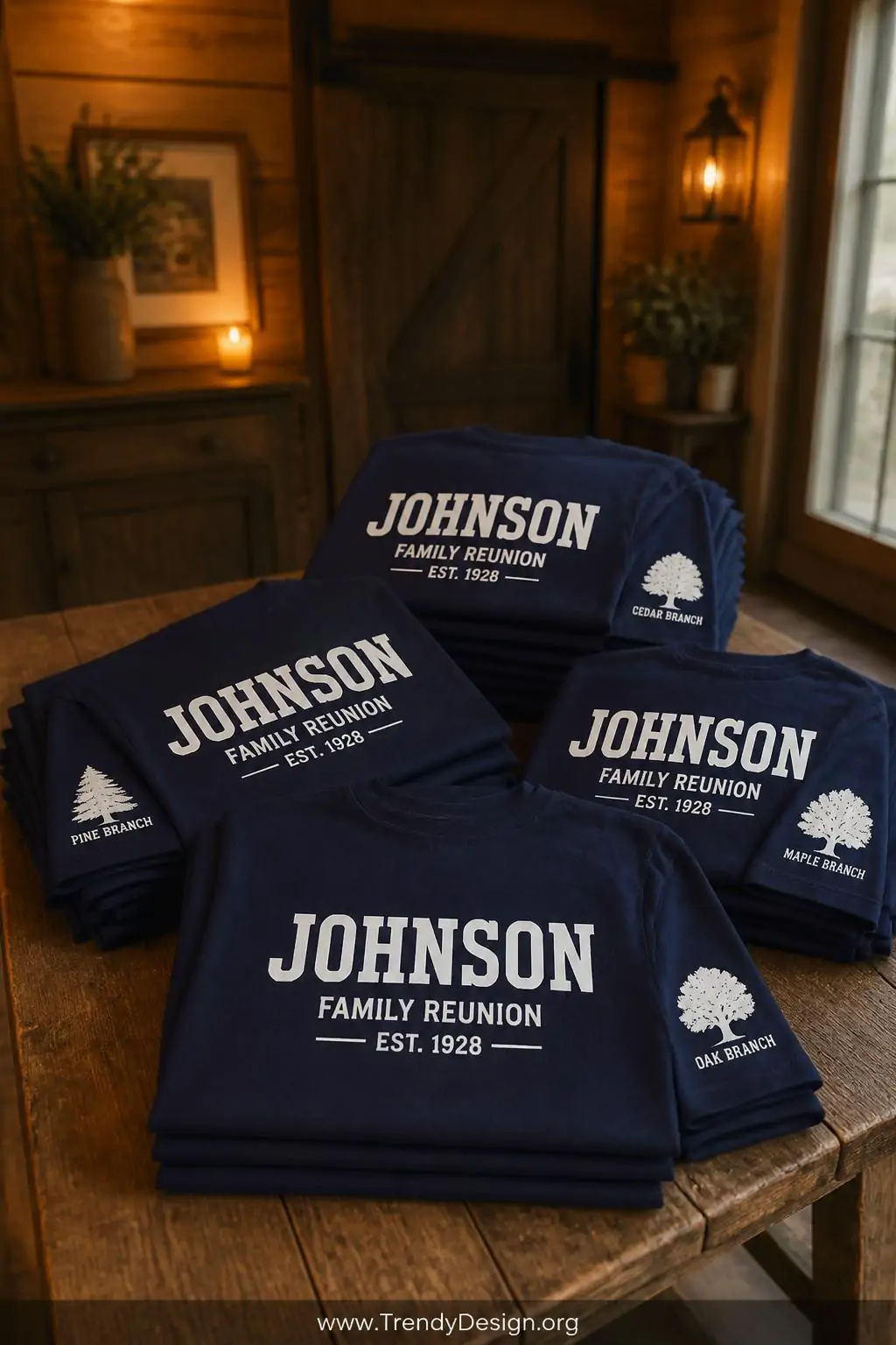 Stack of matching navy family reunion t-shirts with white iron-on vinyl last name lettering across the back and sleeve branch details, folded neatly on a rustic farmhouse table, warm amber workshop lighting, medium shot showing multiple finished shirts fanned out