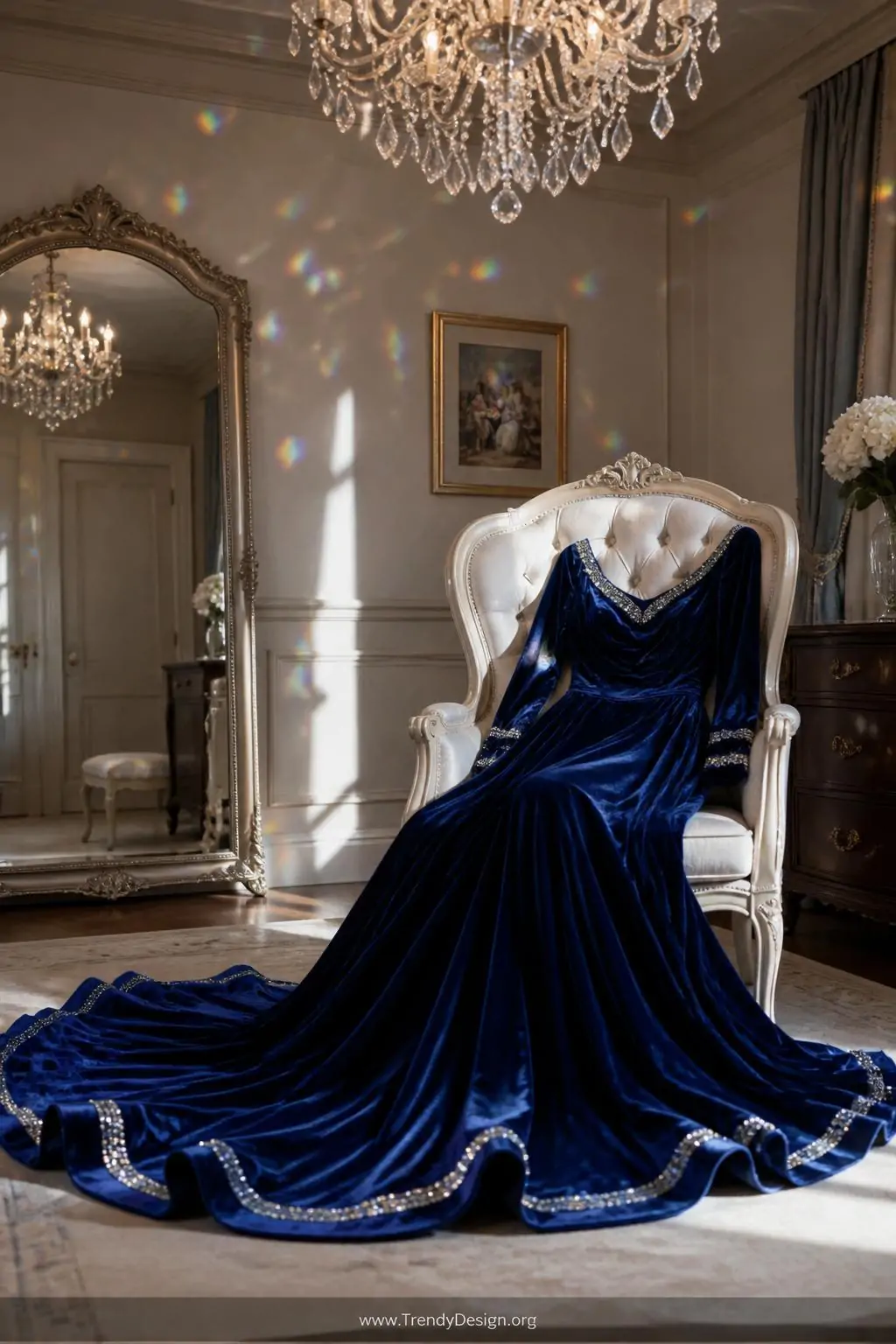 Full-length velvet ballroom gown with rhinestone trim ribbon along sweeping hemline and cuffed sleeves draped over a tufted ivory dressing chair, elegant ballroom preparation suite, wide shot with crystal chandelier casting prismatic light across the deep fabric.