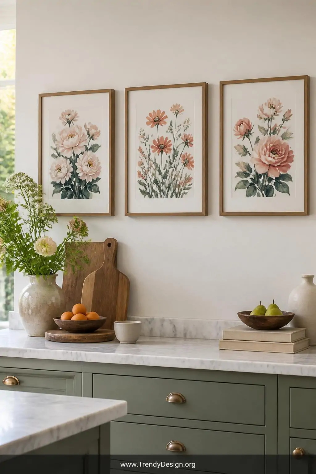 A bright kitchen wall styled with three coordinating loose watercolor floral prints in matching natural wood frames soft blus