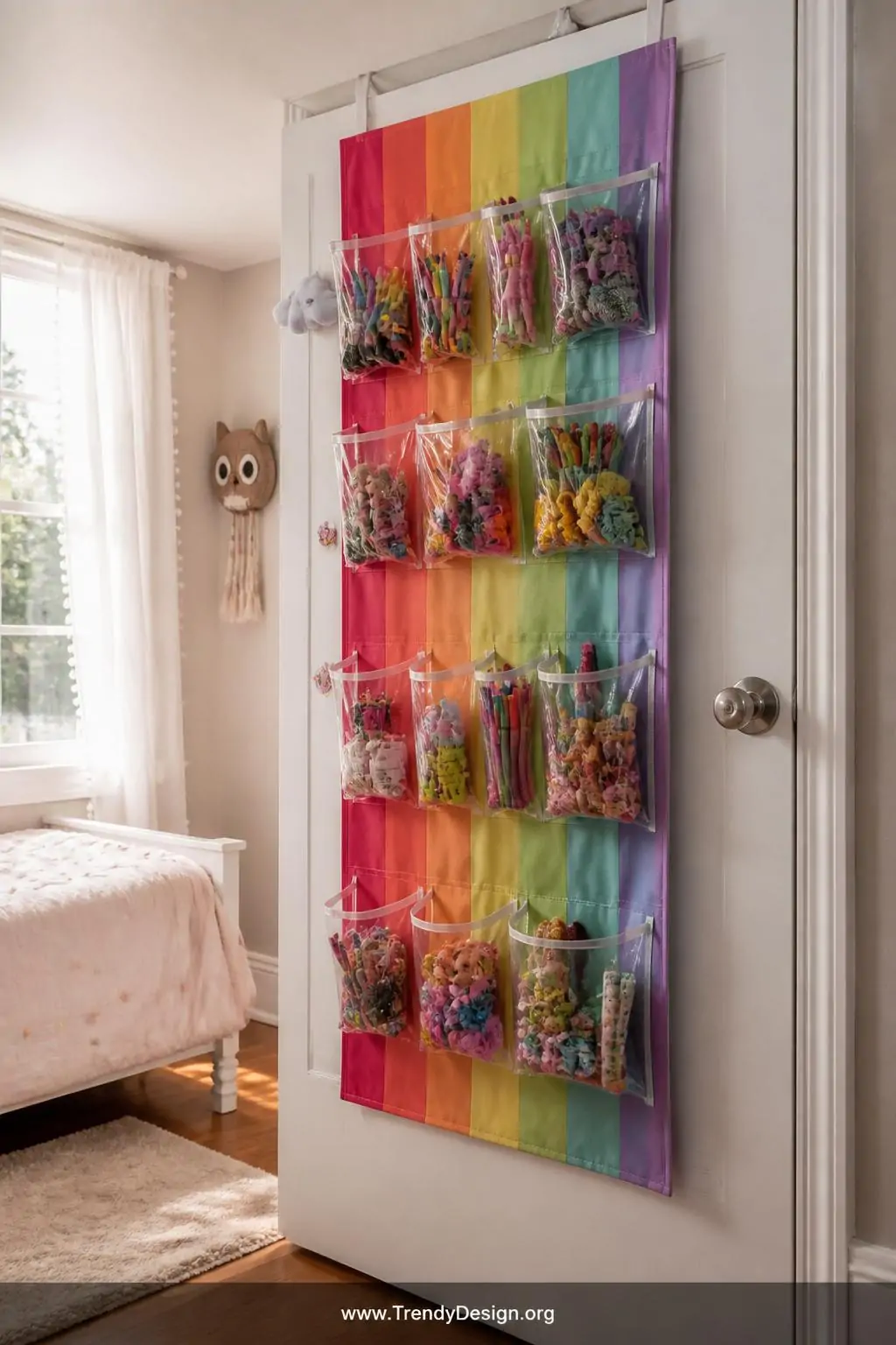 The back of a white painted bedroom door is covered with a hanging fabric organizer in a cheerful rainbow-striped canvas prin