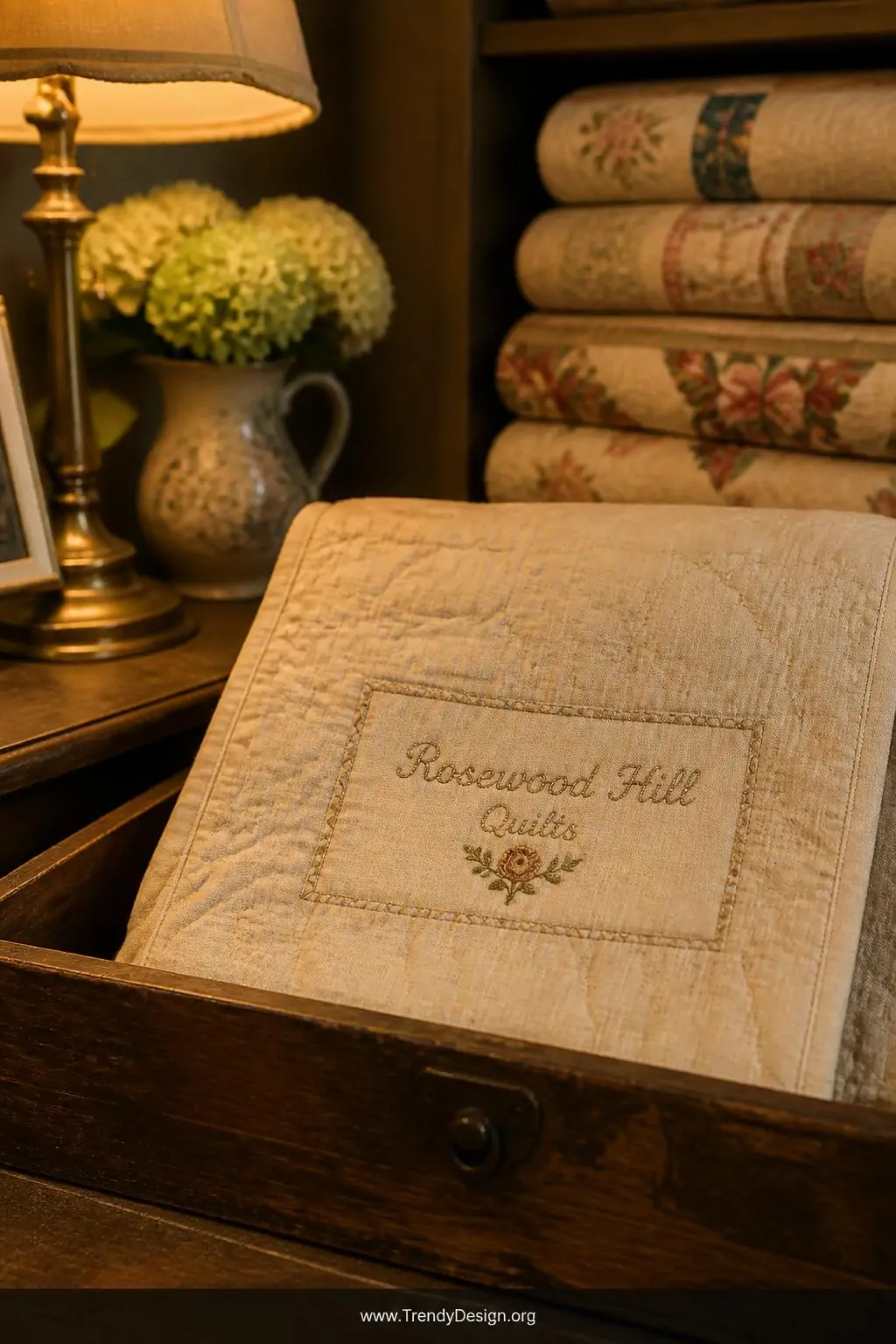 Cream linen embroidered quilt label with delicate backstitch lettering and a tiny stitched flower motif displayed on a vintage wooden sewing box, warm amber lamplight casting soft shadows, heirloom quilts folded in the background, medium shot showing thread texture and fabric detail, photorealistic interior design.
