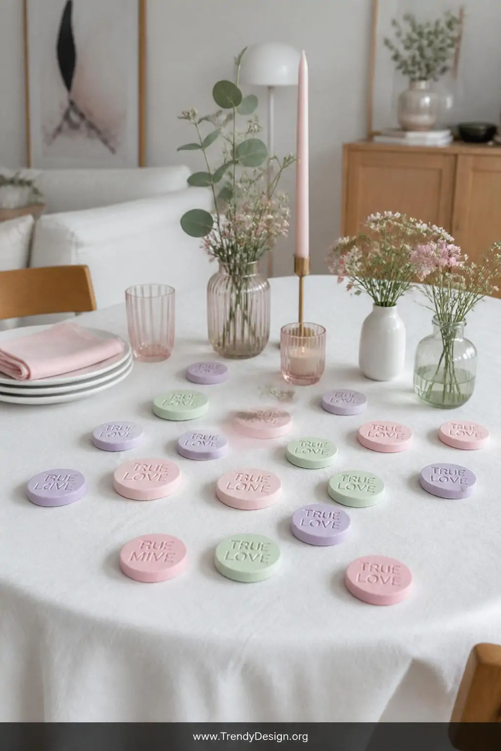 Pastel lavender mint and pink salt dough conversation heart discs stamped with 