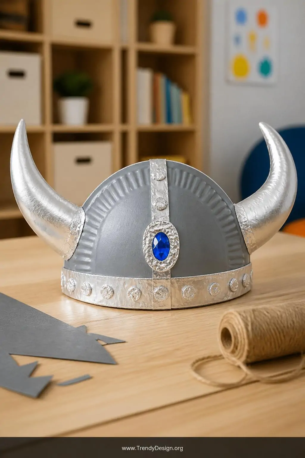 Paper plate Viking helmet with silver-painted cardboard horns and aluminum foil gem accents, sitting on a light wood surface beside gray cardstock scraps and a spool of twine, bright playroom setting, soft overhead lighting, closeup.