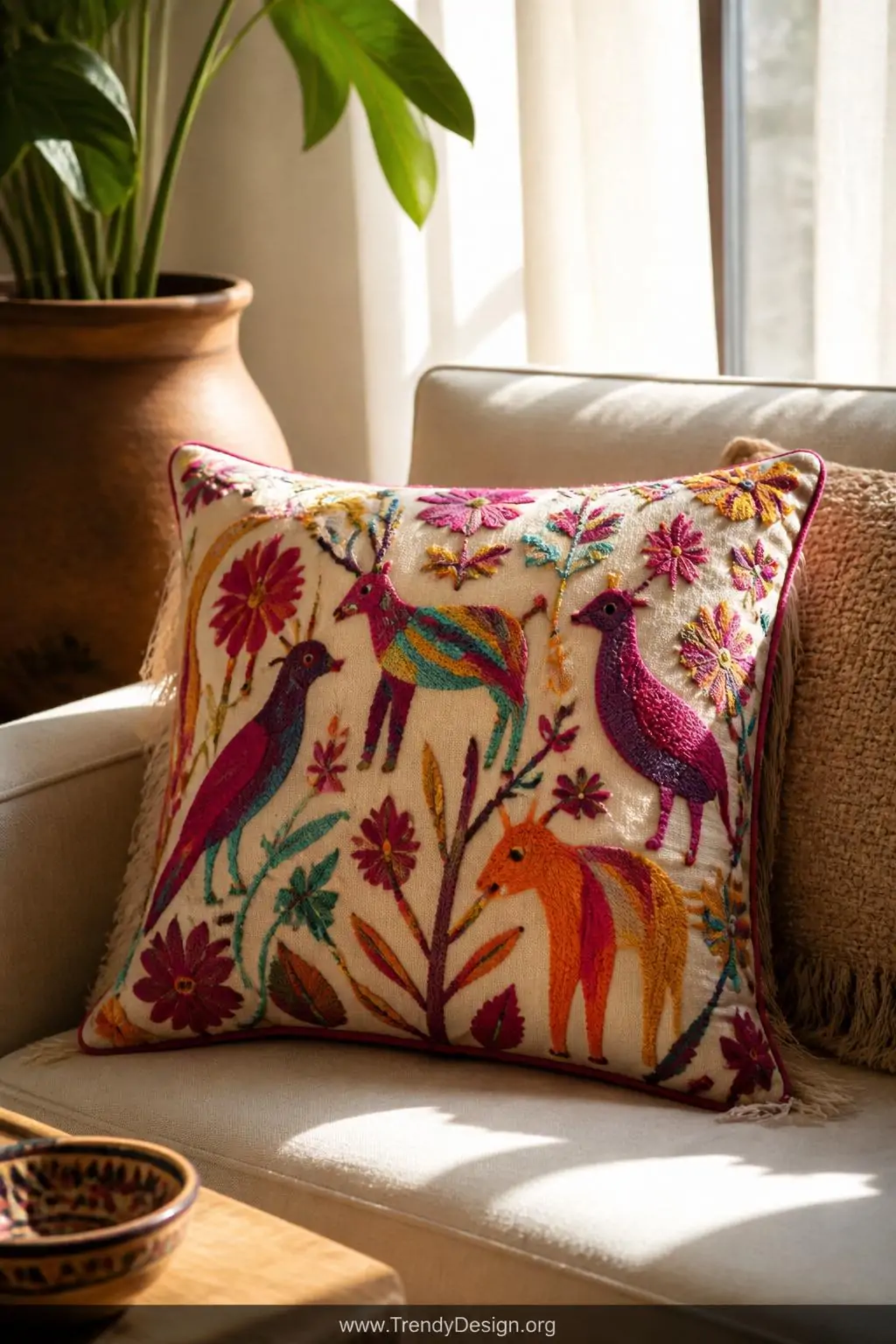 Colorful Otomi embroidered textile pillow with hand-stitched animals and botanical figures in magenta, teal, and saffron yellow propped against a natural linen sofa, afternoon sunlight streaming through sheer curtains, closeup of a warm bohemian living room.