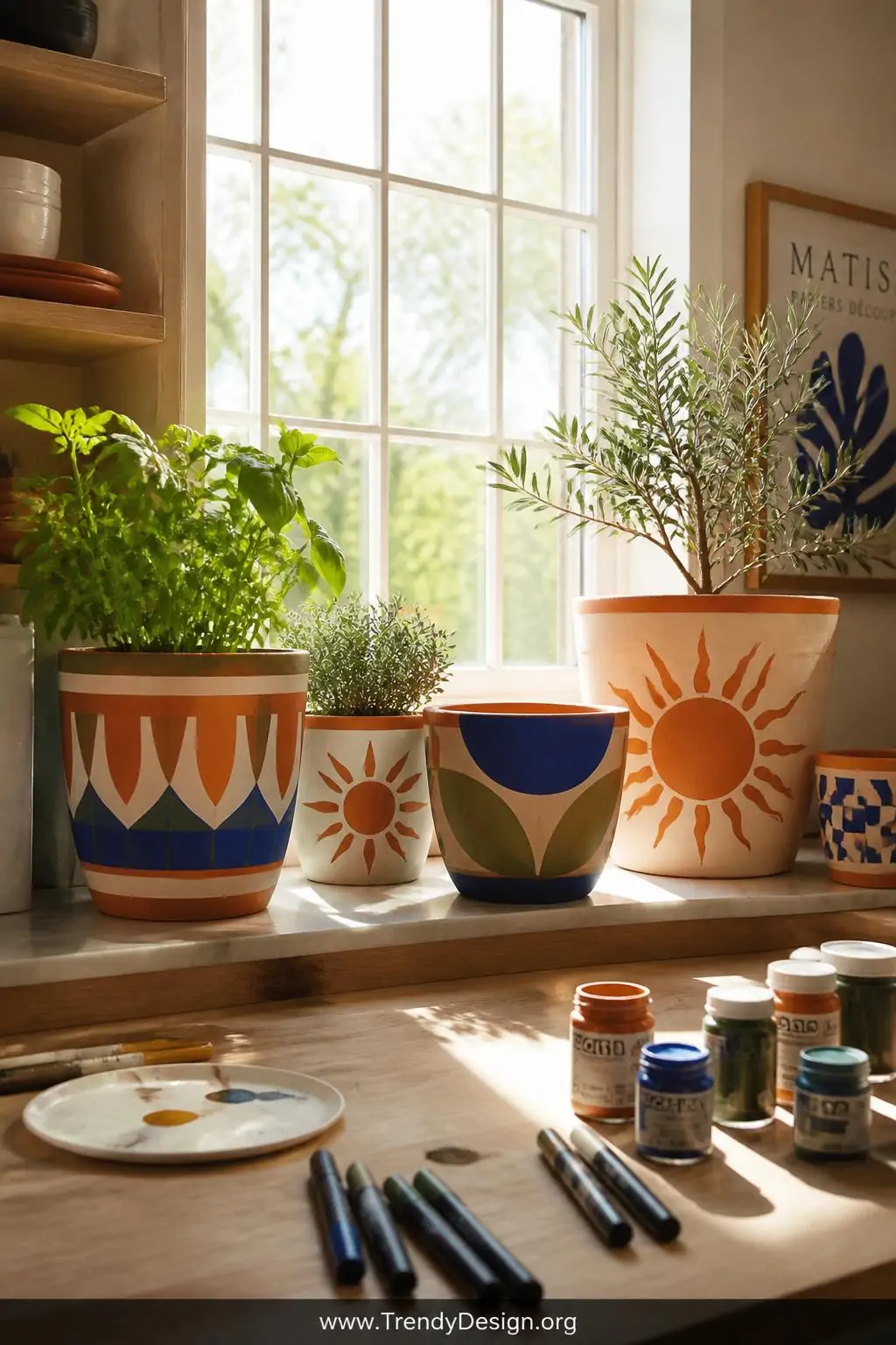 Terracotta pots in varying sizes painted with bold geometric patterns and sun motifs in terracotta orange, cobalt blue, and sage green, sunlit kitchen windowsill, acrylic paint pots and fine-tip pens scattered on a butcher block surface, wide shot