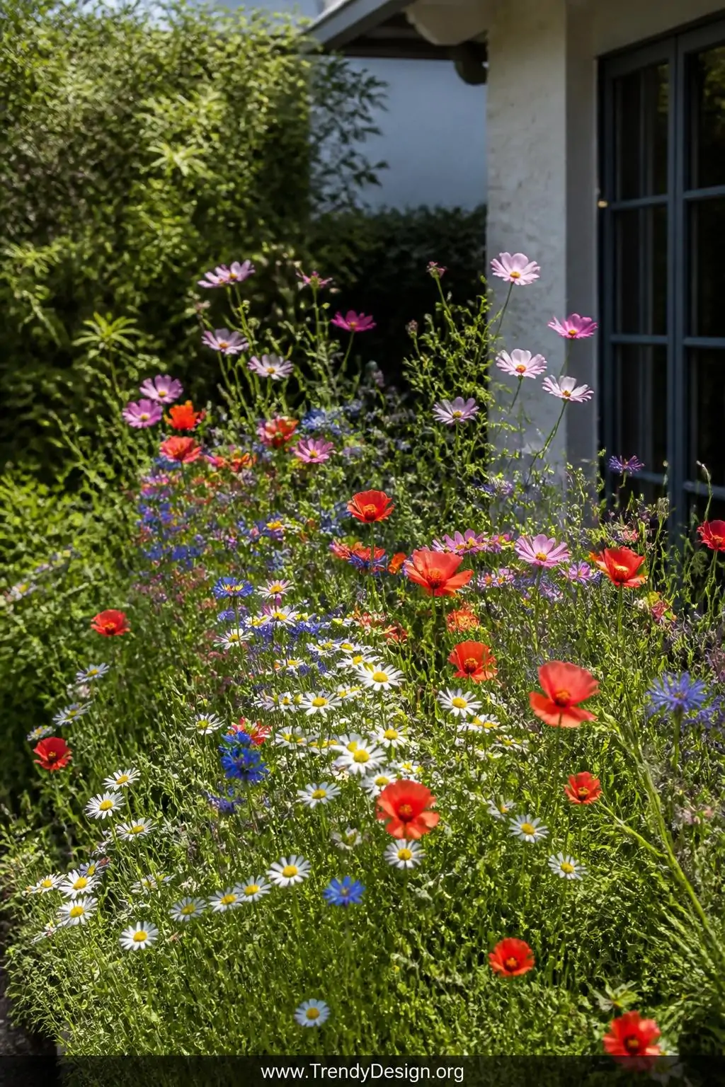 Wildflower meadow patch in a sun-drenched garden corner bursting with scarlet California poppies, cobalt cornflowers, white ox-eye daisies and airy pink cosmos tangled together in joyful chaos, natural daylight, medium shot, photorealistic garden photography.