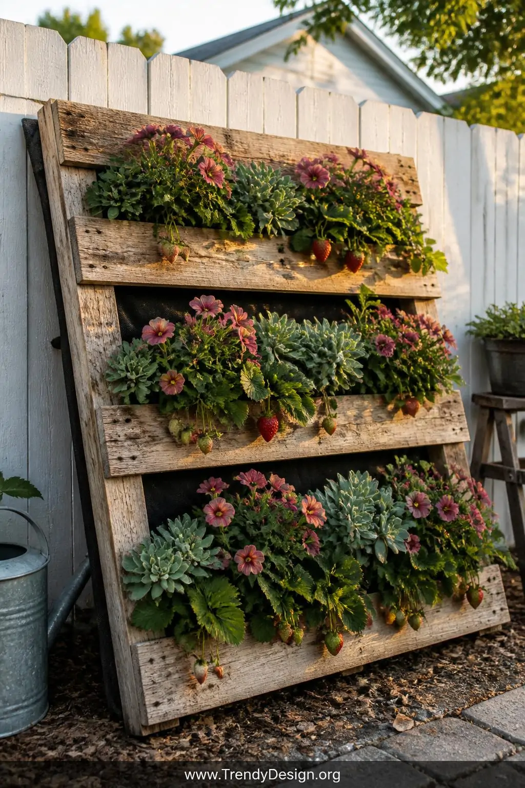 Weathered wooden pallet planter leaned against a white-painted garden fence in a farmhouse backyard, rustic upcycled style, slats overflowing with dusty-rose petunias, silver-green succulents, and vibrant red strawberries cascading between raw timber boards lined with dark landscape fabric, warm golden hour light raking across the pitted wood grain, wide shot.