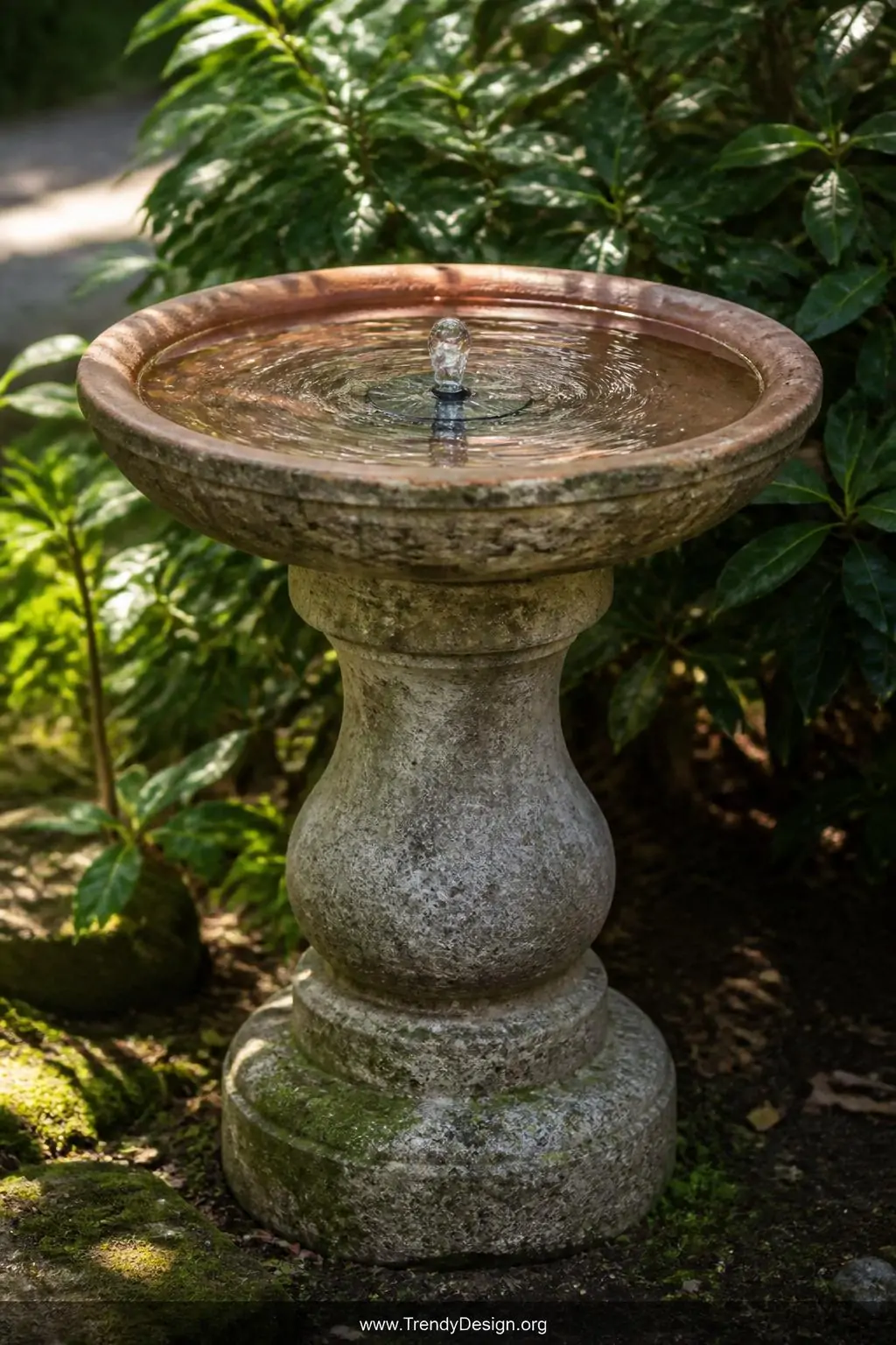 Weathered stone bird bath with shallow terracotta-toned basin filled with clear water, a small solar bubbler creating gentle ripples, positioned in dappled partial shade beside dense green shrubs, soft diffused natural light, medium shot capturing mossy base texture and water surface detail, photorealistic garden photography.