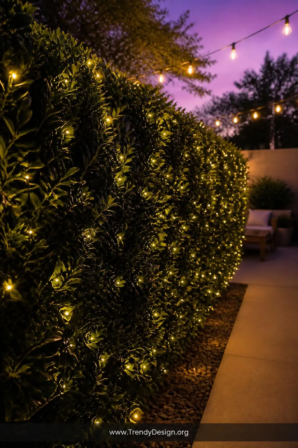 Warm white solar fairy lights woven densely through a dark evergreen garden hedge at dusk, glowing softly like scattered embers against the deep shadowy foliage, Edison-style bulb strings catching the violet twilight sky beyond, medium shot, photorealistic.