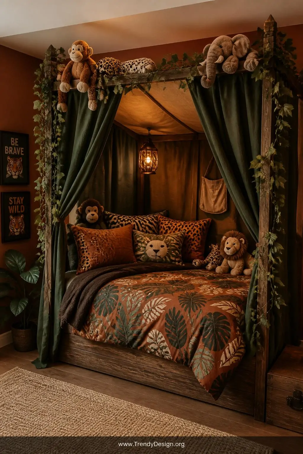 Photorealistic medium shot of a children's jungle adventure bedroom centered on a sturdy four-poster bed frame wrapped in str