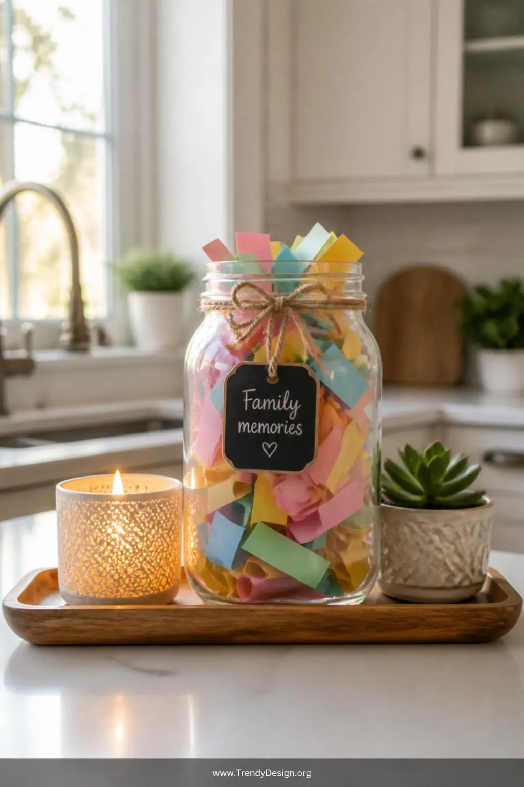 Wide-mouth mason jar overflowing with colorful folded paper strips on a small wooden tray beside a flickering candle and small succulent, twine bow tied around the jar neck with a chalkboard tag, soft warm window light from the side, medium lifestyle shot on a bright kitchen counter, photorealistic interior design.