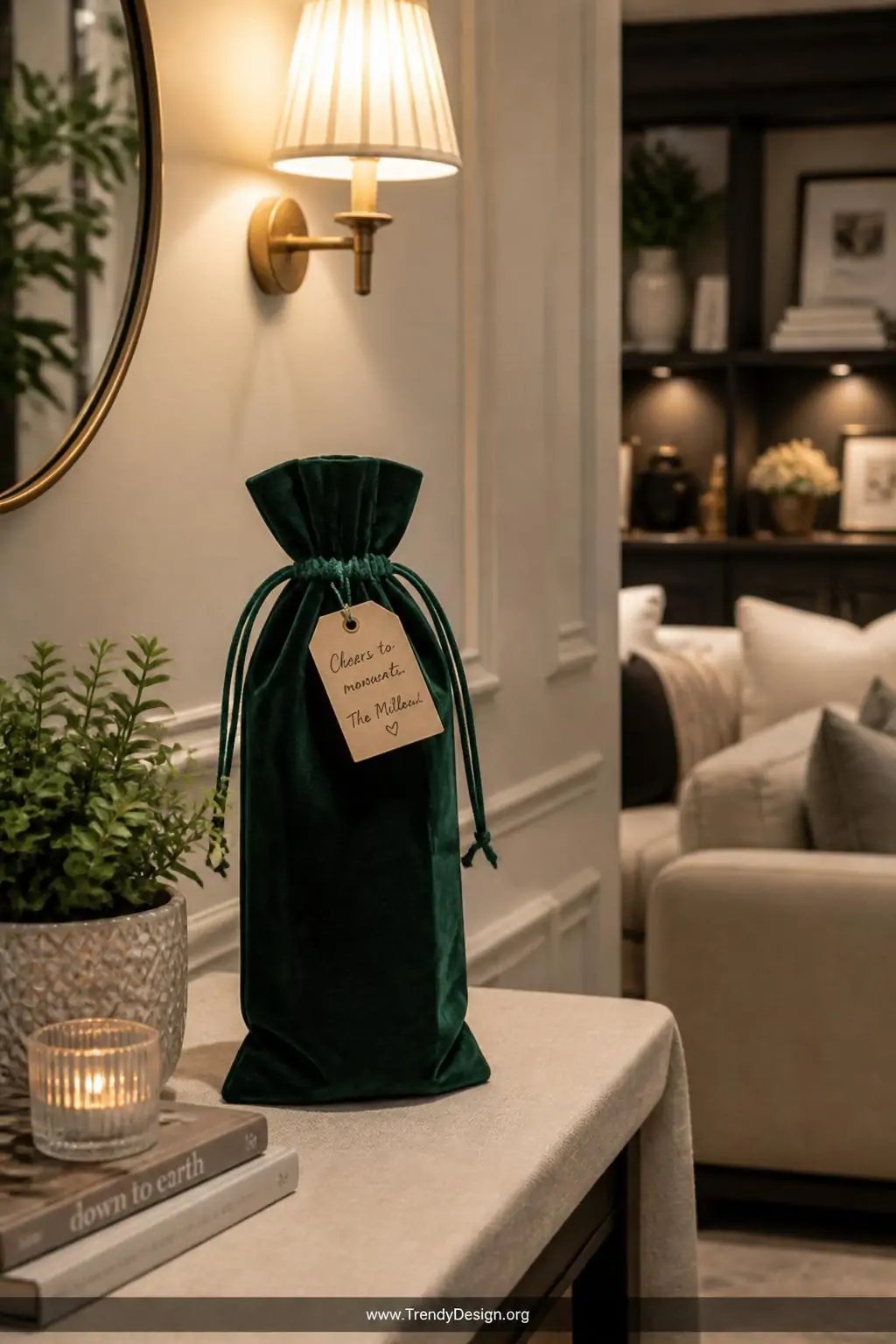 Deep emerald velvet drawstring wine bag with a handwritten gift tag resting on a linen-covered console table in a cozy living room, soft warm sconce lighting highlighting the rich fabric texture, medium shot.