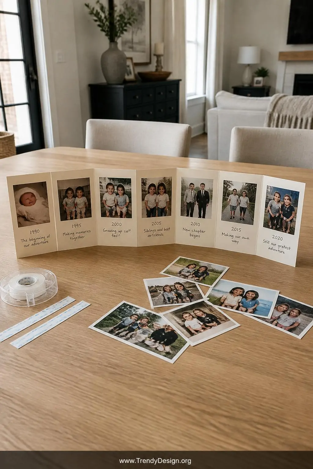 Accordion-folded photo collage card with chronological family images and handwritten captions in black ink, displayed open on a light oak tabletop with double-sided tape strips and scattered printed photographs nearby, wide shot, photorealistic interior design