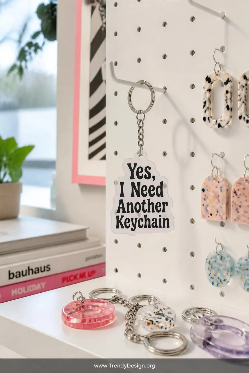 Translucent acrylic keychain with bold quirky typography reading 