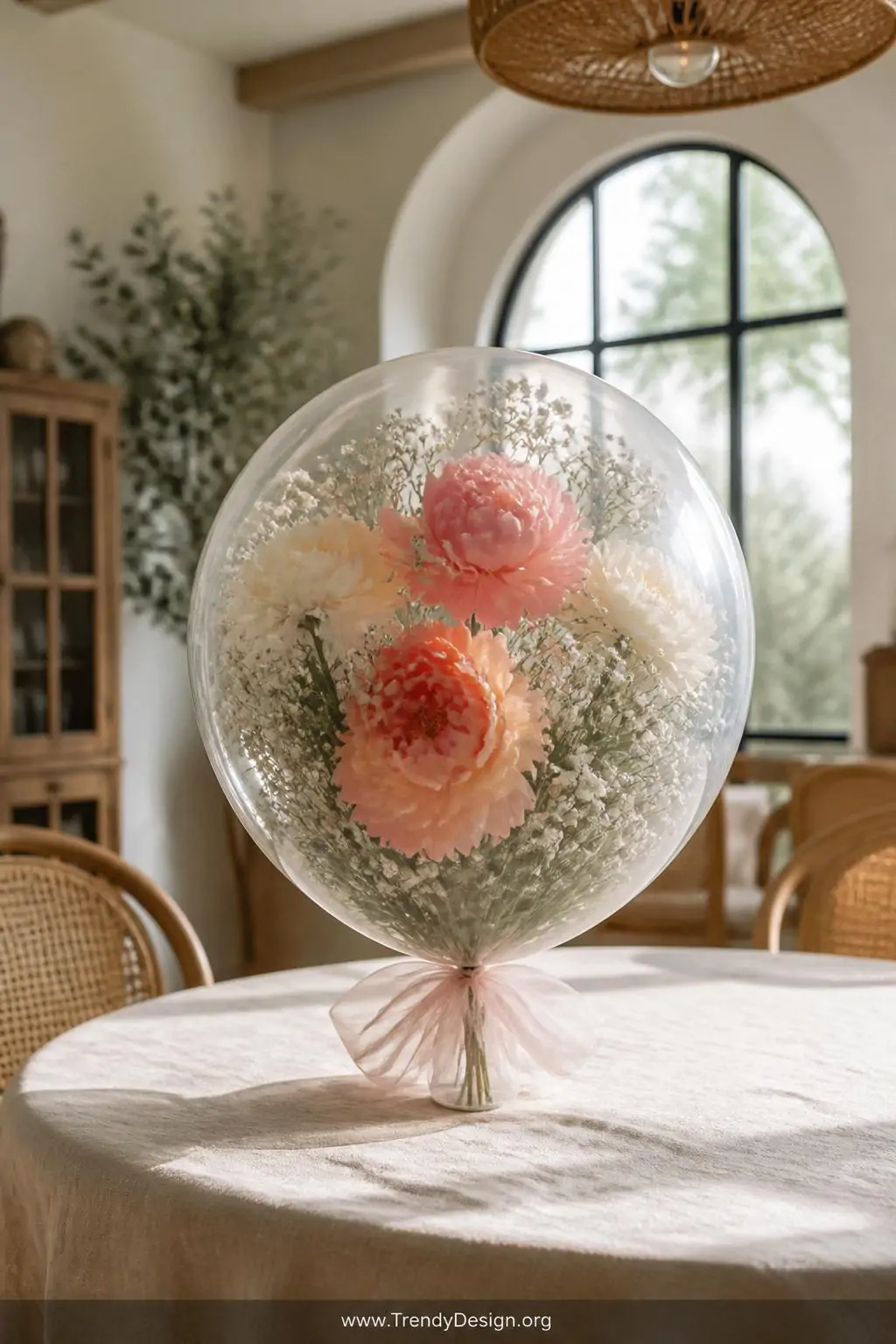 Single clear balloon stuffed with silk peonies and baby's breath displayed on a linen-draped round table in a sunlit bohemian dining room, soft natural window light illuminating delicate floral layers inside, closeup