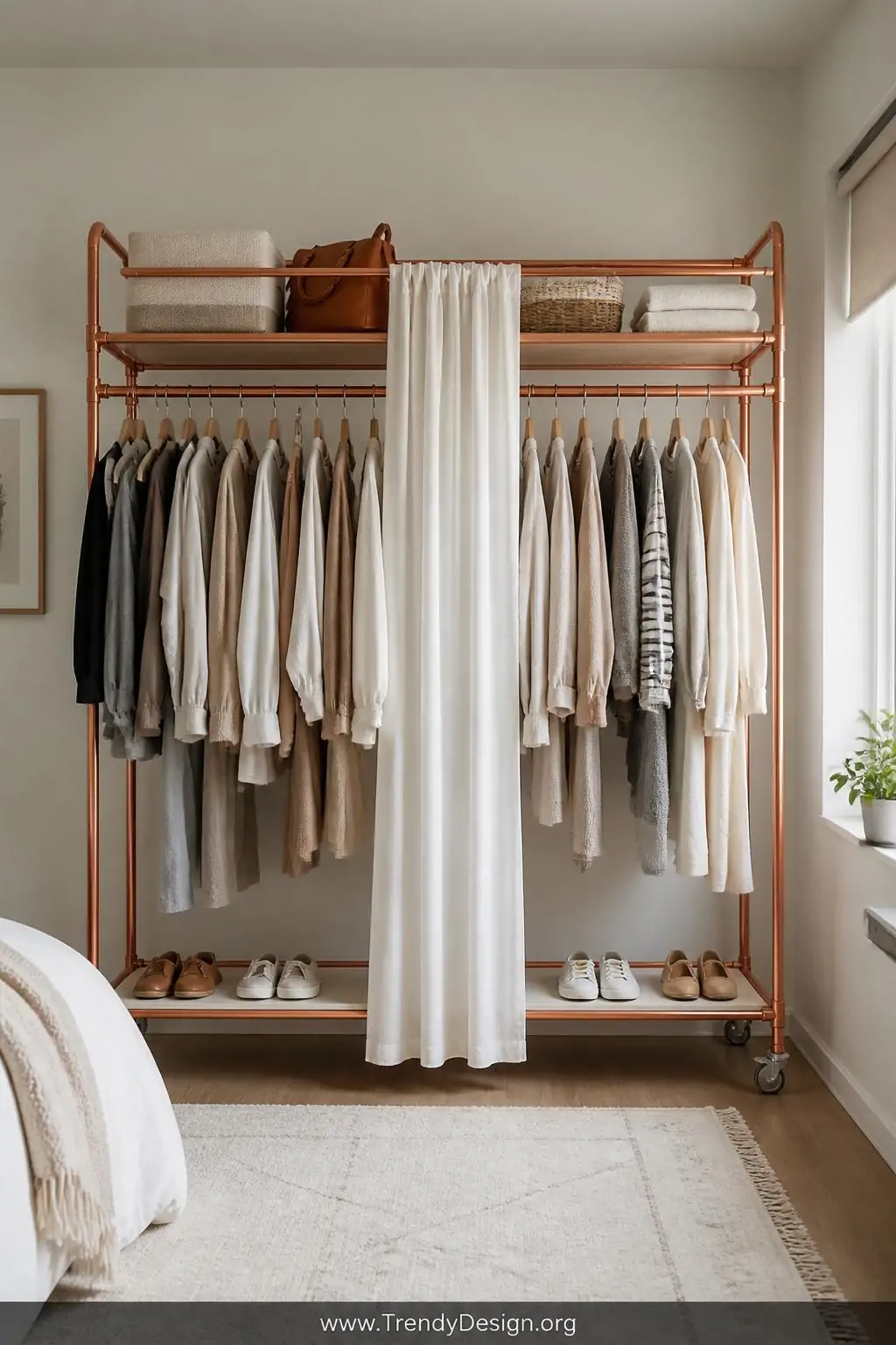 Copper-painted double-rod PVC pipe clothing rack in a minimalist bedroom open wardrobe setup, hanging neatly organized garments in neutral tones with a white fabric divider, soft natural window light, medium shot capturing the full frame and caster wheel base.