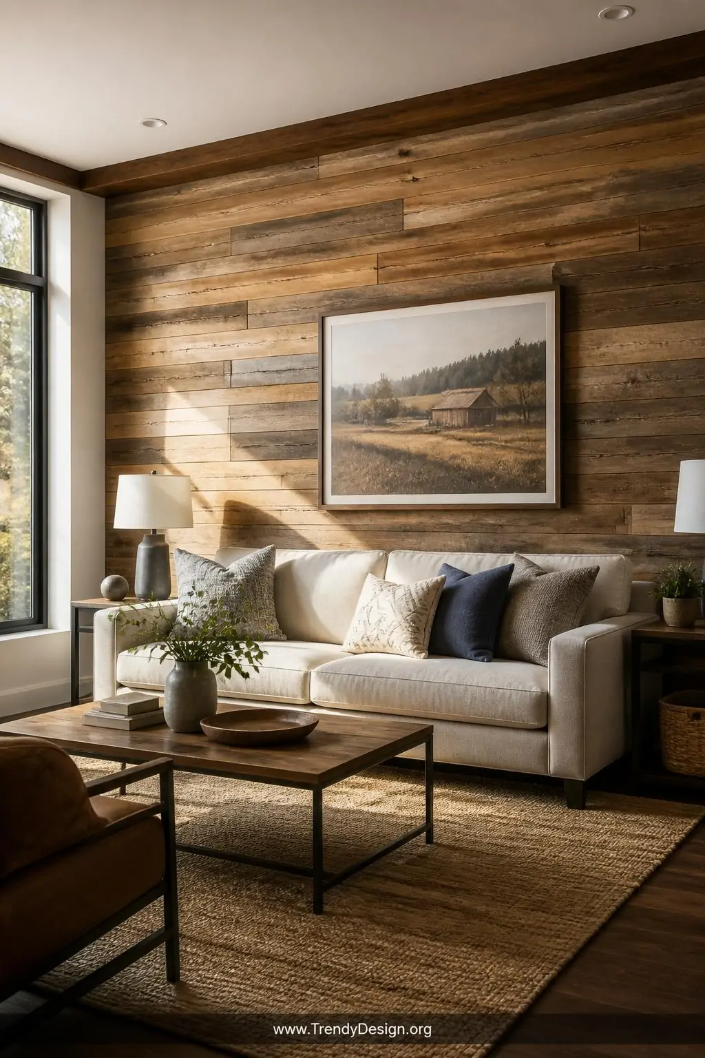 Horizontal reclaimed wood accent wall panels in warm honey and ash tones installed behind a linen upholstered sofa in a living room, textured grain catching raking afternoon light through a nearby window, wide shot.