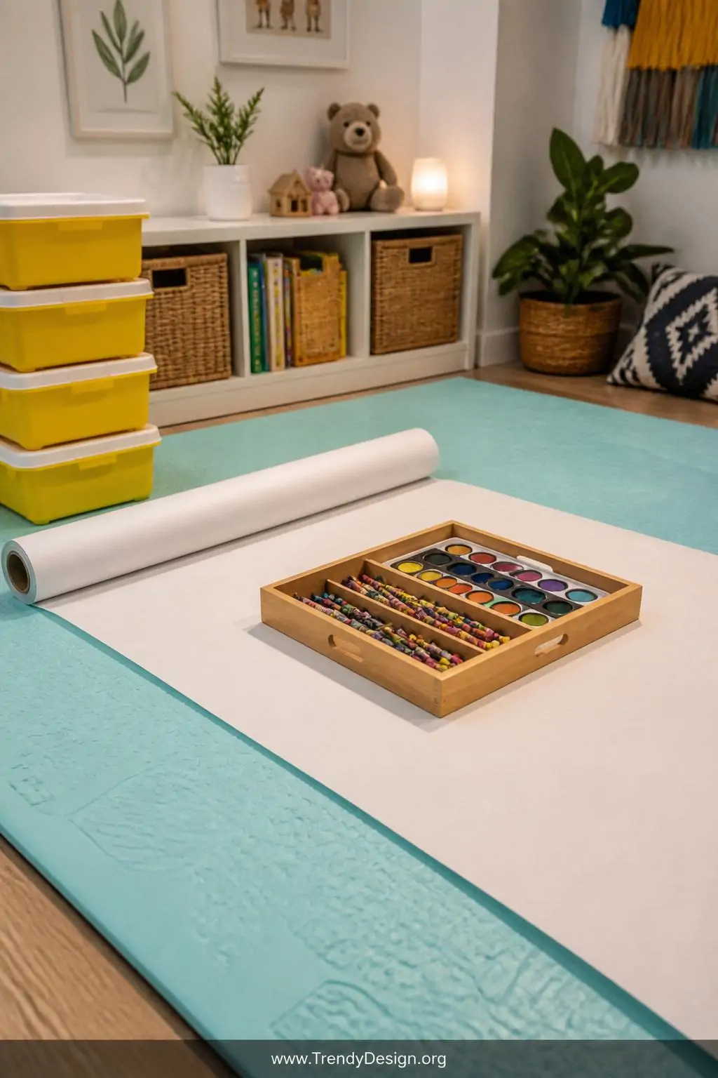 Medium shot of a cozy floor-level kids creativity zone anchored by a large aqua washable foam play mat, a honey-toned low woo