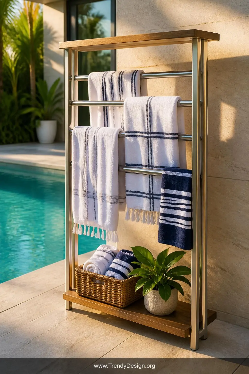 Freestanding stainless steel towel rack with built-in wooden shelving beside a turquoise pool, multiple white and navy striped towels draped across wide horizontal bars, bottom shelf holding a woven basket of rolled towels and a small potted tropical plant, warm golden hour side lighting, medium shot, photorealistic interior design.