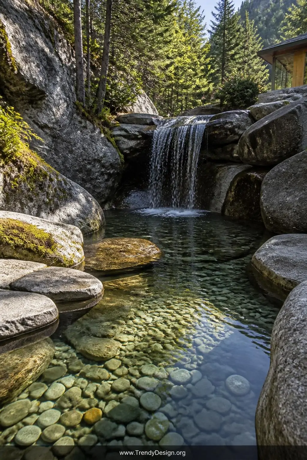 Rock-lined gravel-bottom natural pool in a rugged outdoor landscape, alpine naturalistic style, medium shot — a clear shallow pool with layered river rock and smooth pea gravel visible beneath crystalline water, large mossy boulders anchoring the curved stone edges, a small cascading waterfall trickling over dark granite slabs in dappled woodland light.