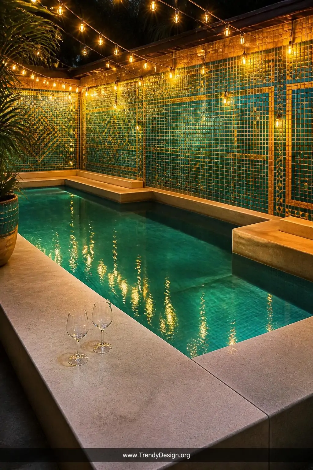Built-in concrete bench seating ledge submerged along the perimeter of a cocktail pool with colorful turquoise and gold mosaic tile walls, warm Edison string lights draped overhead casting golden reflections across still water, two empty stemmed glasses resting poolside on pale stone coping, medium shot, photorealistic interior design.