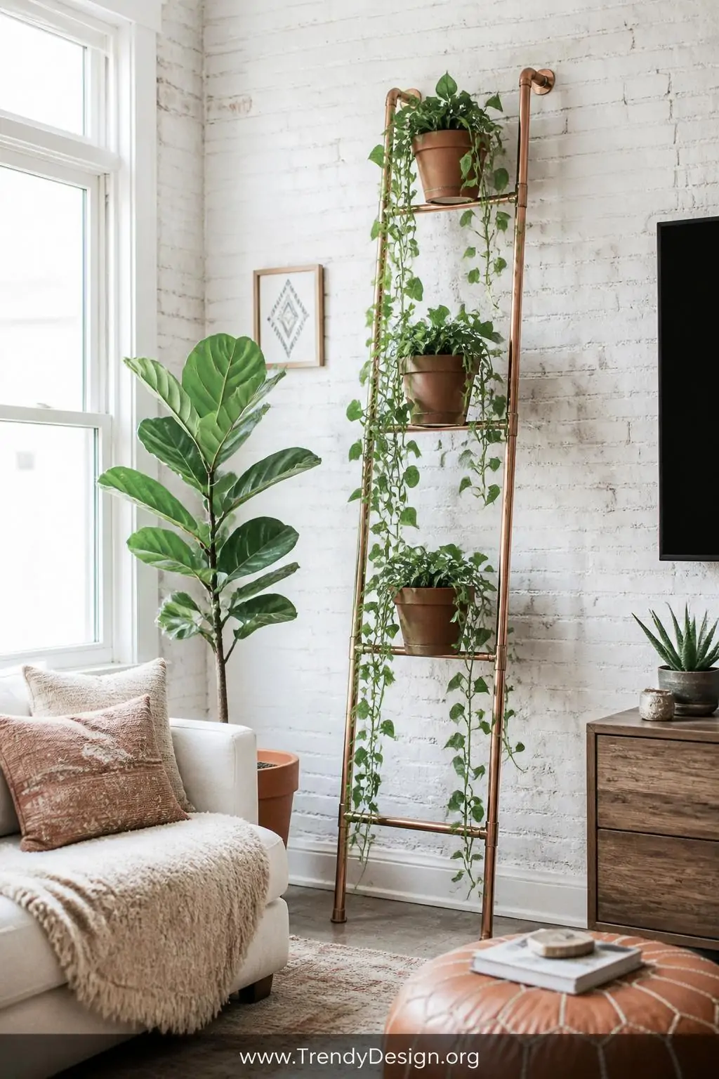 Freestanding copper pipe plant ladder holding cascading pothos and a fiddle leaf fig in terracotta pots against a whitewashed brick wall in a bright bohemian living room, soft natural window light, wide shot.