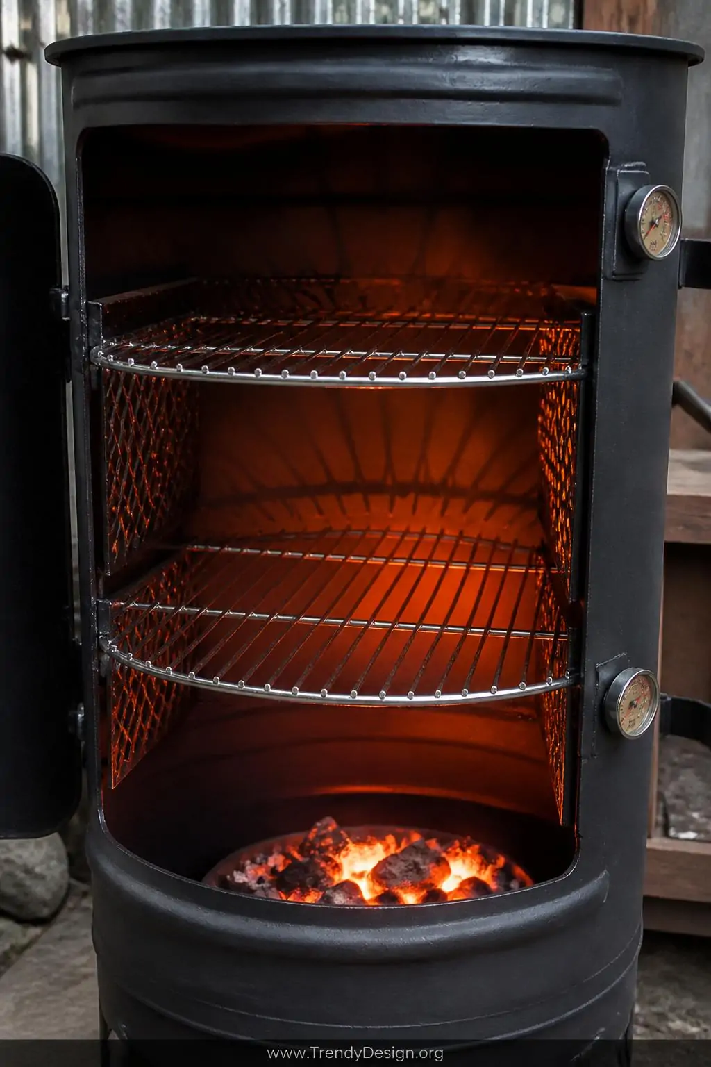 Two-tier chrome grill grates inside an open 55-gallon drum smoker, backyard workshop setting, industrial style, dual thermometer ports mounted on opposing sides, warm orange ember glow illuminating both rack levels from below, expanded metal brackets casting geometric shadows against the dark steel interior, medium closeup shot.