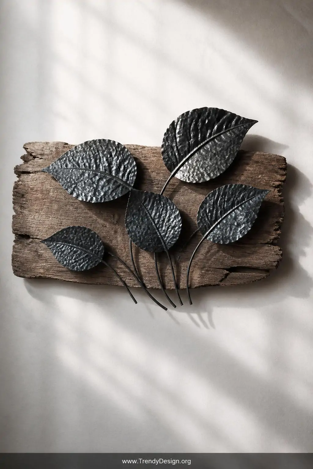 Cluster of five hammer-textured blacksmith-forged steel leaves with curved stems arranged on a weathered driftwood plank mounted against a soft linen-white gallery wall, natural afternoon light casting organic shadows across the veined metal surfaces, wide shot.