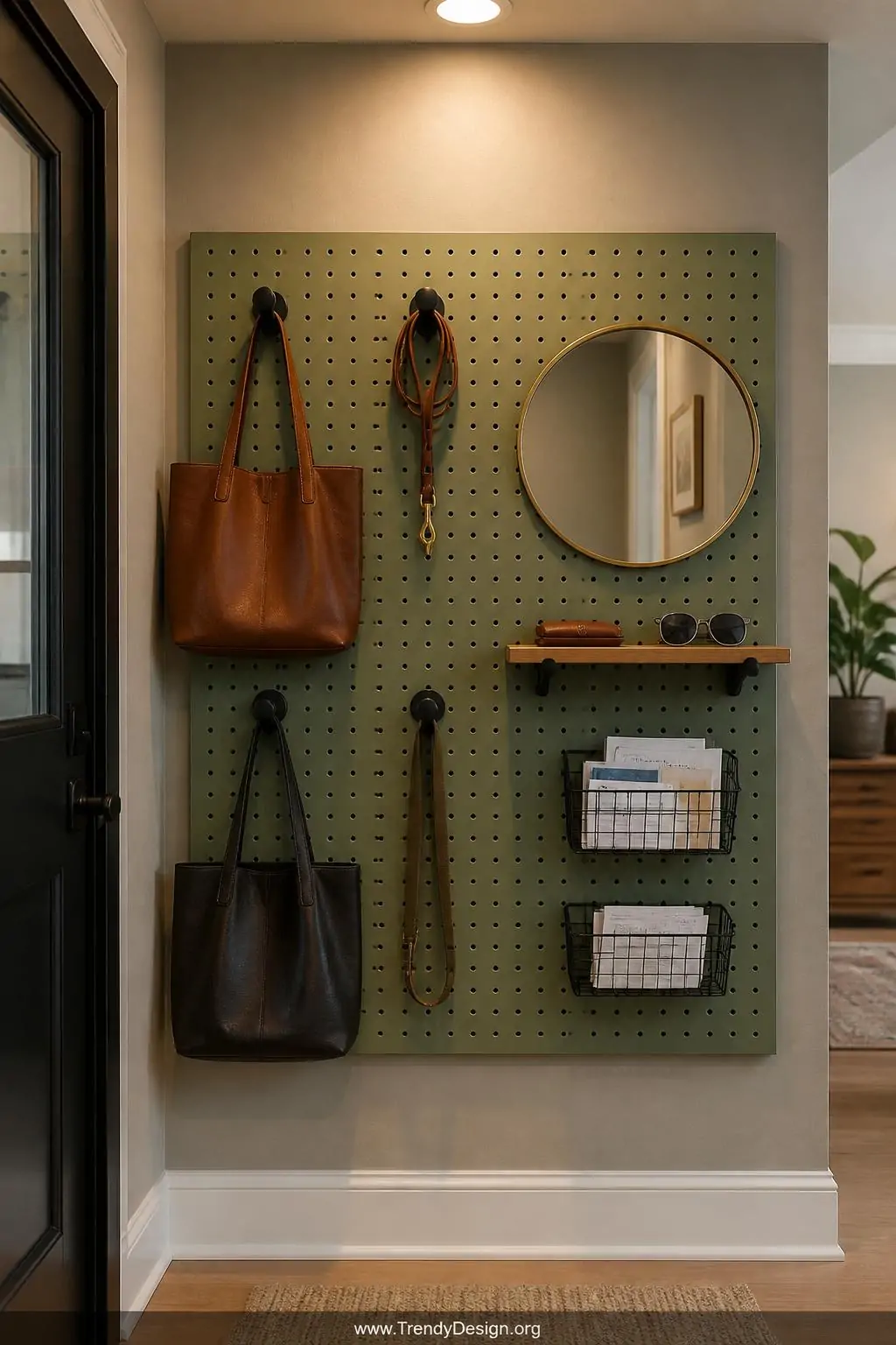 A medium-shot photorealistic interior design image of a large painted sage-green pegboard mounted flush on a warm greige entr