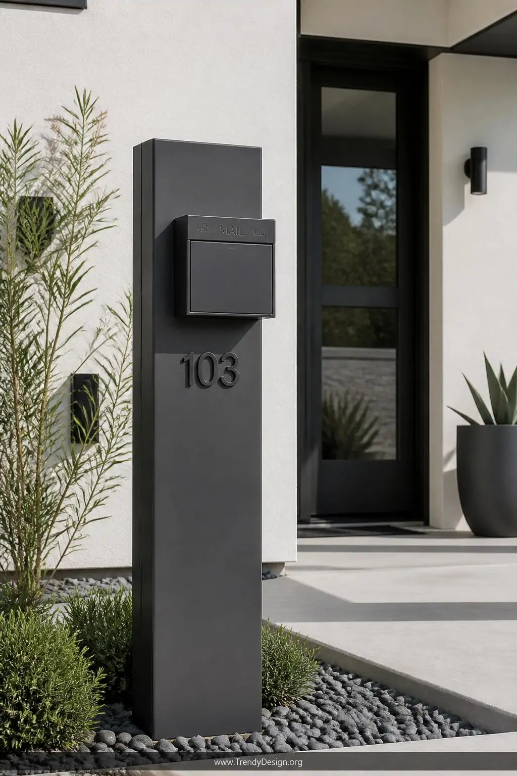 Sleek aluminum mailbox post in charcoal gray powder-coat finish mounted at a modern contemporary home entrance, crisp clean geometric lines against white stucco siding under bright natural daylight, medium shot highlighting the smooth flawless surface texture and minimalist silhouette.