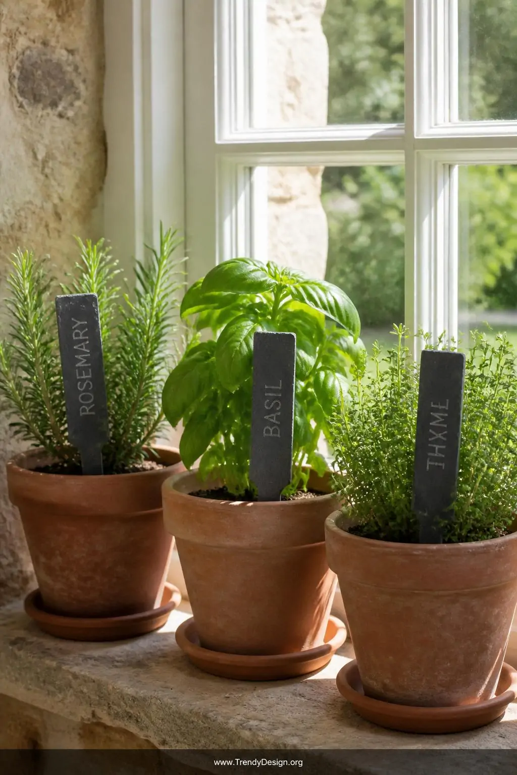 Narrow engraved slate plant markers labeled with herb names pushed into terracotta pots of rosemary, basil, and thyme on a sunlit stone windowsill, cottage garden style, natural daylight streaming in, closeup shot, photorealistic interior design, no people.