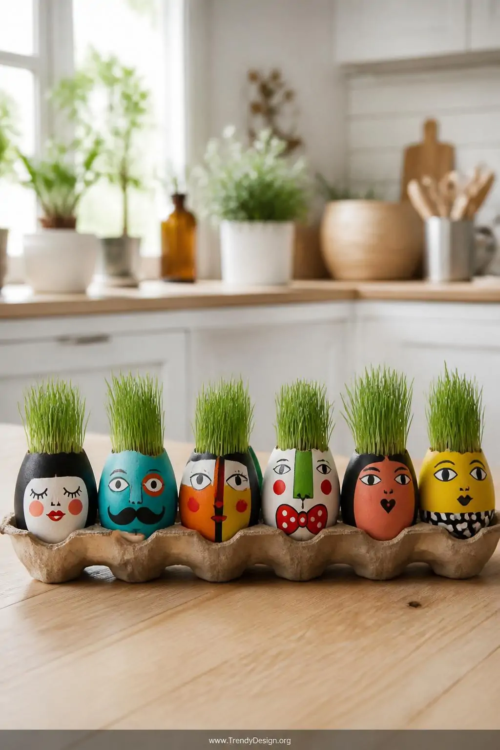 Row of painted eggshell grass head planters with bold acrylic faces nestled inside a rustic cardboard egg carton on a light wood kitchen table, soft natural spring light, delicate green grass shoots emerging from each tiny shell, medium shot.