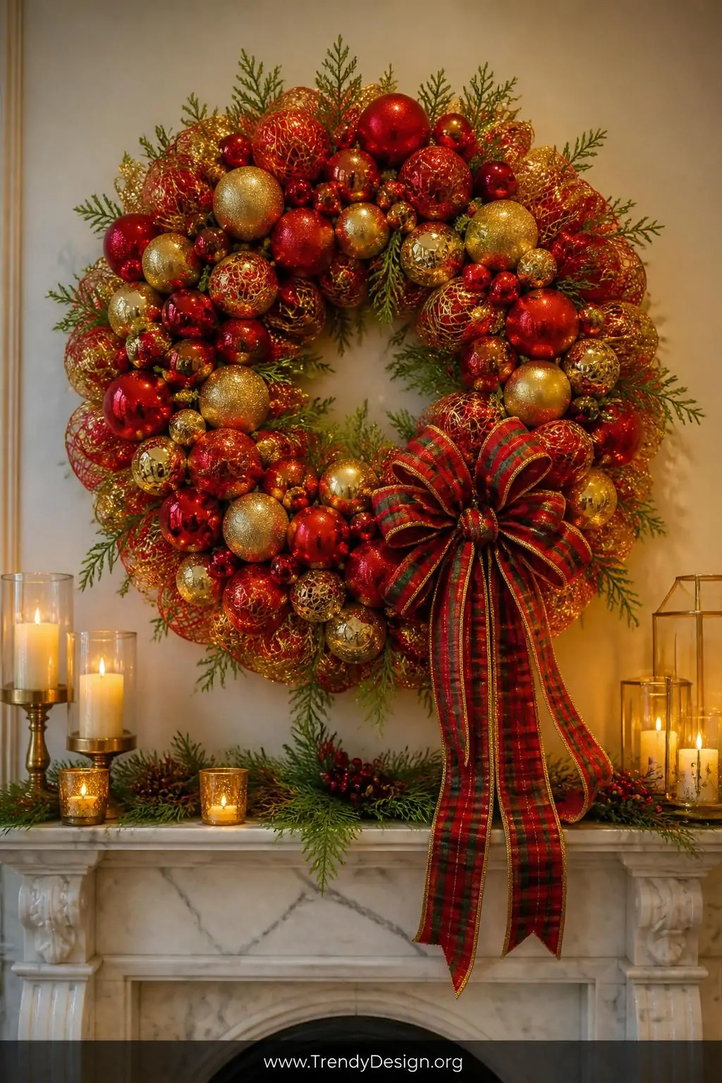 Red and gold deco mesh wreath densely clustered with glittery and matte ornament balls in varying sizes, faux cedar sprigs, and a cascading plaid velvet bow mounted above a marble fireplace mantle, warm candlelight glow, closeup.
