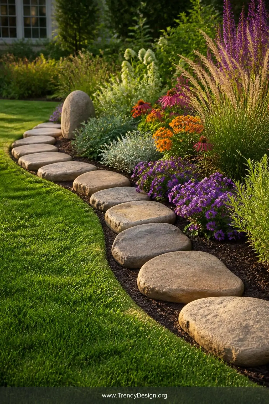 Large flat fieldstones arranged in a winding S-curve caterpillar border along a lush flower bed edge, one distinctly rounded taller stone anchoring the head position, stones with natural earthy tan and grey color variation partially buried in rich dark soil with colorful blooms tucked behind, soft afternoon light, medium landscape shot.