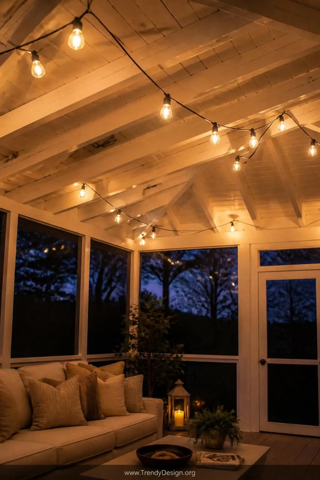 Warm glowing Edison bulb string lights zigzagged across whitewashed ceiling beams of a screened porch at dusk, golden 2700K amber light casting soft shadows over a linen sofa below, medium shot looking up toward ceiling.