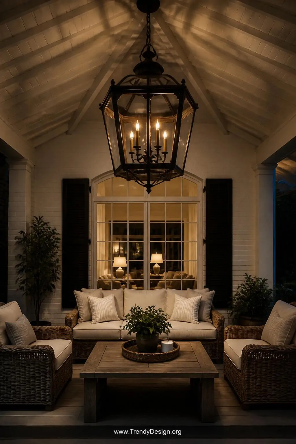 Oversized black iron farmhouse lantern hanging from a porch ceiling centerpoint above a wicker furniture arrangement, warm candlelight flickering behind aged glass panels, medium shot emphasizing dramatic shadows and intentional symmetry, photorealistic interior design.